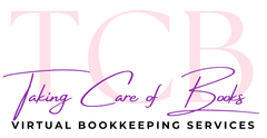 Logo for Taking Care of Books: Pink "TCB" overlaying purple script "Taking Care of Books