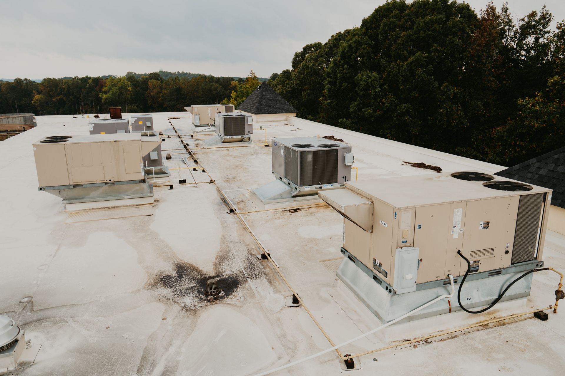 Rooftop HVAC units, Carrier brand, with vents and access panels on a building's white roof.