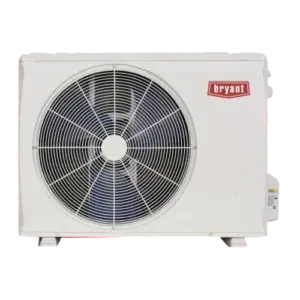 A white bryant air conditioner is sitting on a white surface.