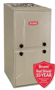 A bryant air conditioner with a red shield on it