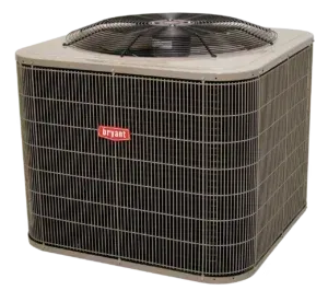 A bryant air conditioner is sitting on a white surface.