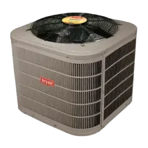 A bryant air conditioner is sitting on a white surface.