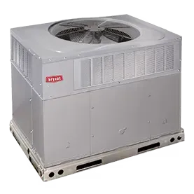 A bryant air conditioner is sitting on a pallet on a white background