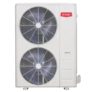 A white bryant air conditioner with two fans