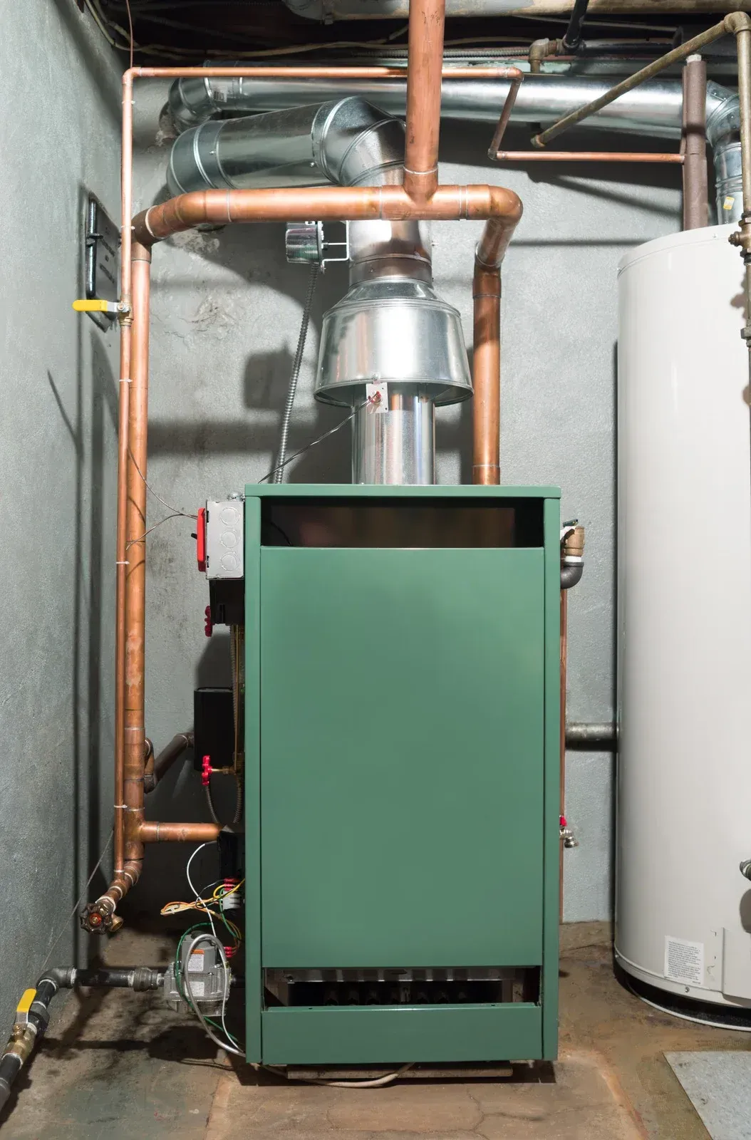 Green furnace with copper pipes in a basement next to a hot water heater.