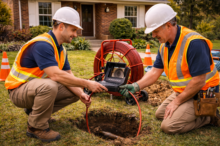 Two construction workers in safety vests and hard hats inspecting a pipe with a camera in a yard.