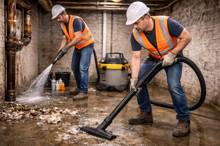 Two workers cleaning a damp basement. One sprays water, the other vacuums debris. Both wear safety gear.