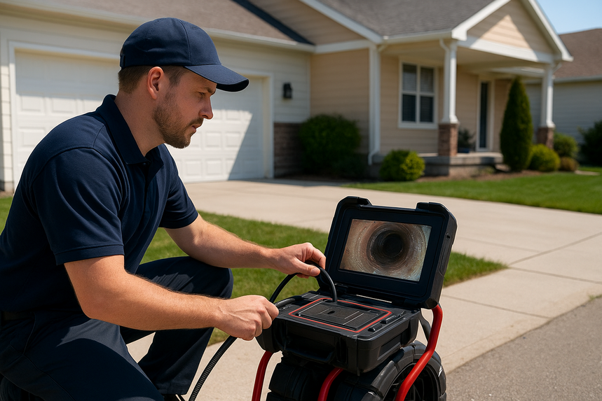 Plumber using a video camera to inspect a drain in front of a house.