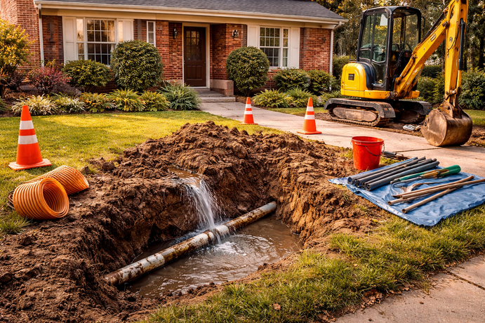 Water main break in front yard with excavation, construction equipment, and flowing water.