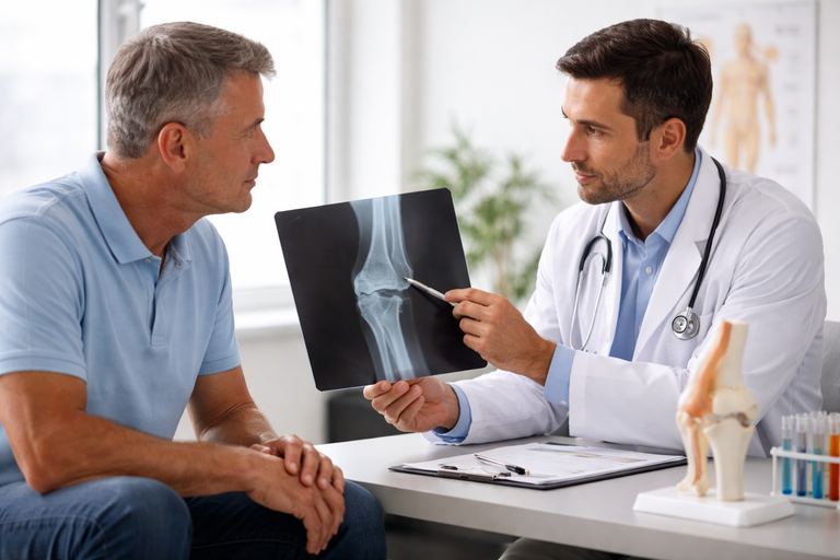 Doctor pointing to knee X-ray while consulting with a patient in an office.