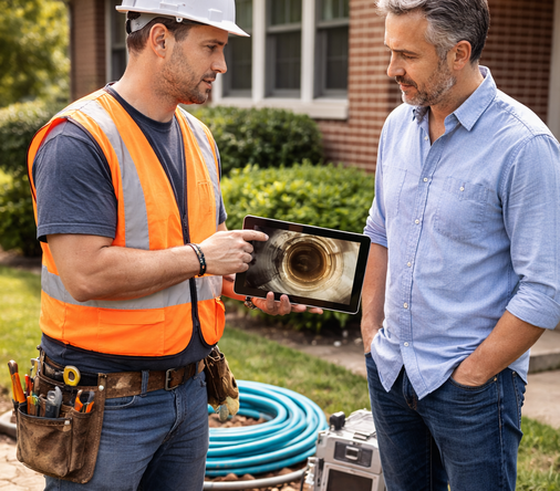 Plumber in safety vest shows a homeowner a sewer pipe inspection on a tablet outdoors.