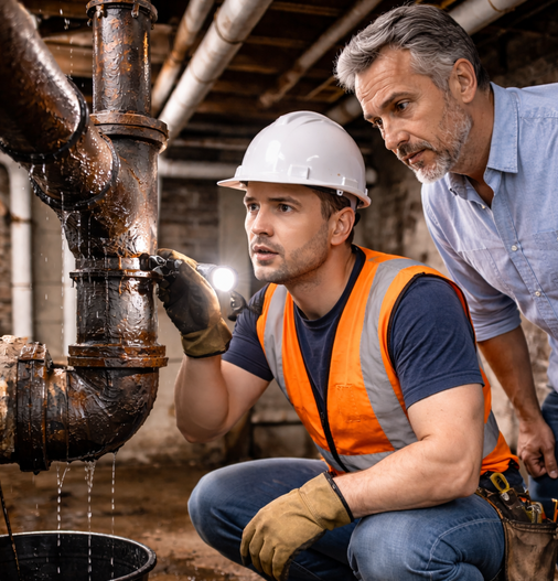 Two men inspecting rusty pipes; one holds a flashlight, the other looks on. Basement setting.