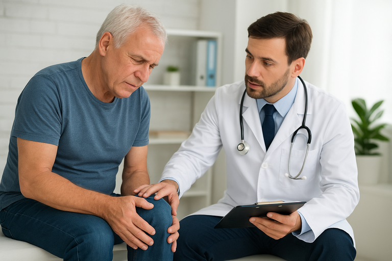 Doctor examining older patient's knee, holding a tablet.