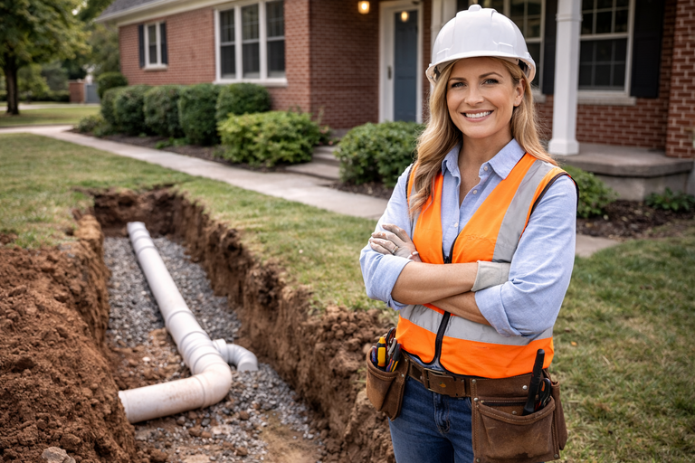 Woman in hard hat and safety vest standing by a trench with a white pipe, smiling, in front of a brick house.