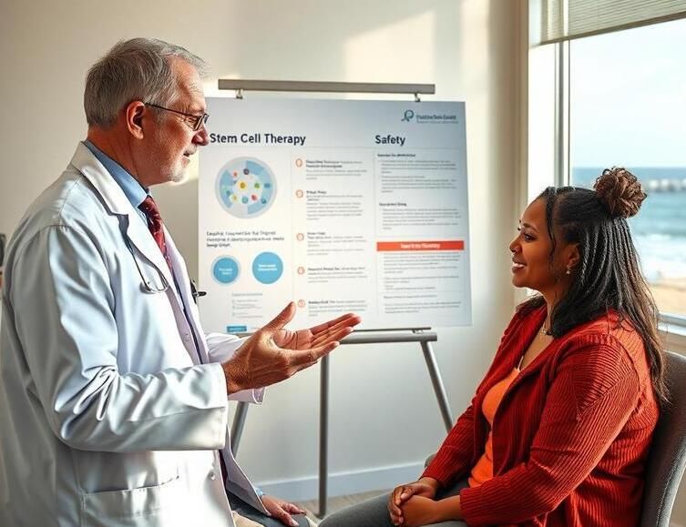 Doctor explaining a poster about stem cell therapy to a seated patient; ocean view in background.
