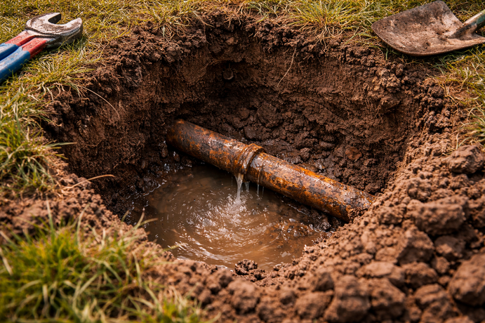 Leaking rusty pipe in a dug hole, water pooling. Tools lie nearby on grass.