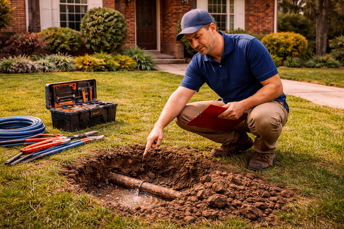 Plumber inspecting a broken pipe in a yard, with tools, and a home in the background.