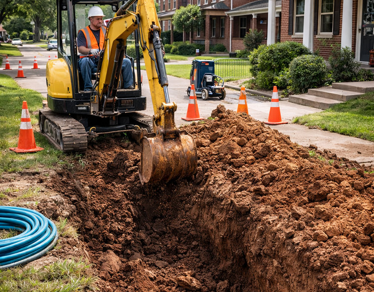 Construction worker operating a yellow excavator digging a trench on a residential street.