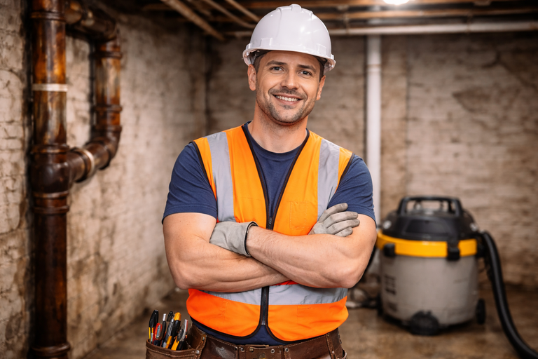 Construction worker in hard hat and safety vest smiling, arms crossed in a basement with pipes and a vacuum.