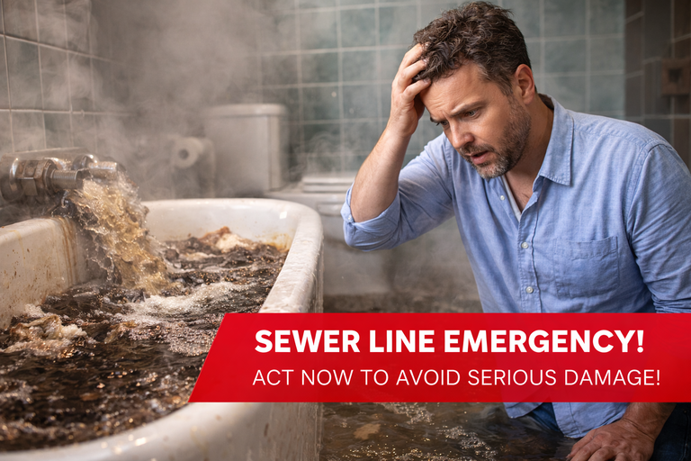 Man with hand on head looks at overflowing bathtub with sewage. Text: 