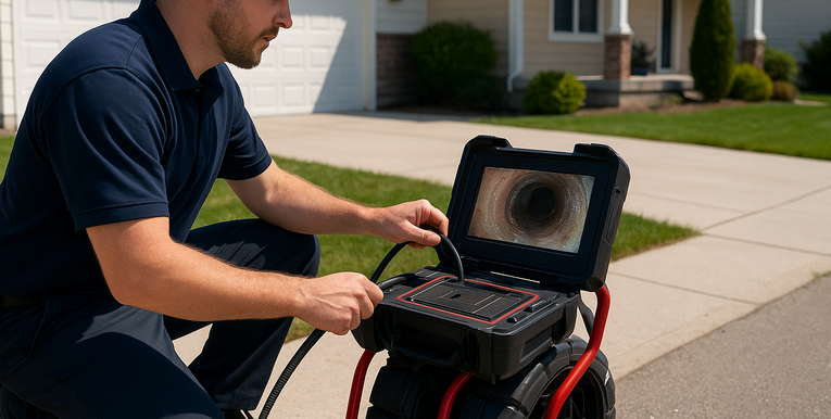 Plumber using a camera to inspect a pipe, outdoors on a residential street.