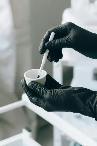 Hands in black gloves holding a small white cup and stirring with a white stick.