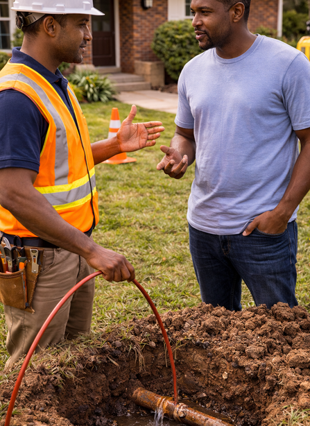 Man in safety vest shows a homeowner a pipe leak in a yard.