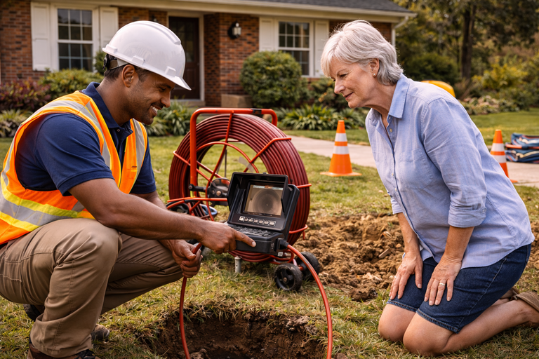 A worker in a safety vest shows a homeowner a pipe inspection camera screen outdoors next to a house.
