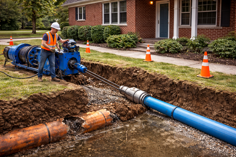 Man in a construction site using a machine to replace a broken pipe in front of a house.