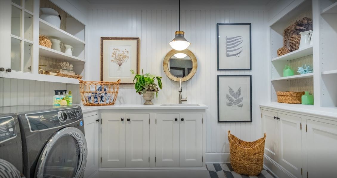 hanging lighting illuminating laundry room
