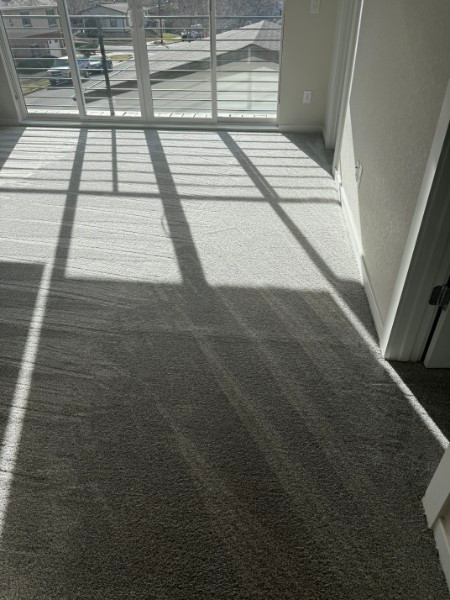 Empty carpeted room with sunlight casting grid-like window shadows across the floor.