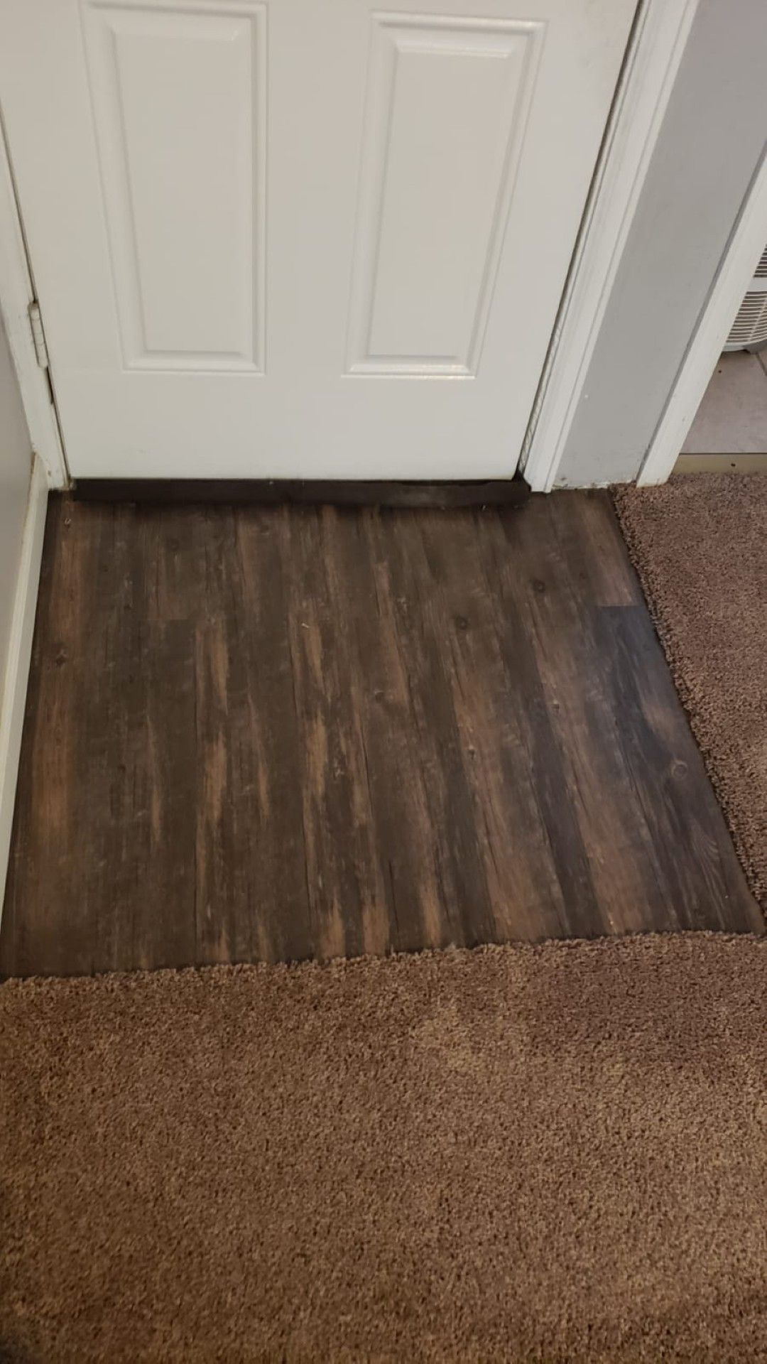 White door with a dark wood threshold between two carpeted areas