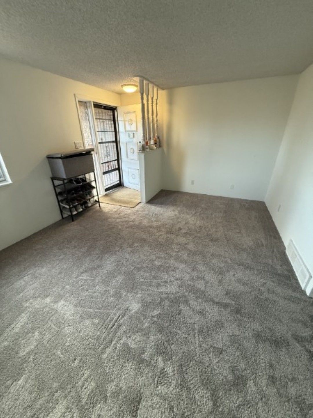 Empty carpeted room with white walls, open door, and a small shelving unit near the window.