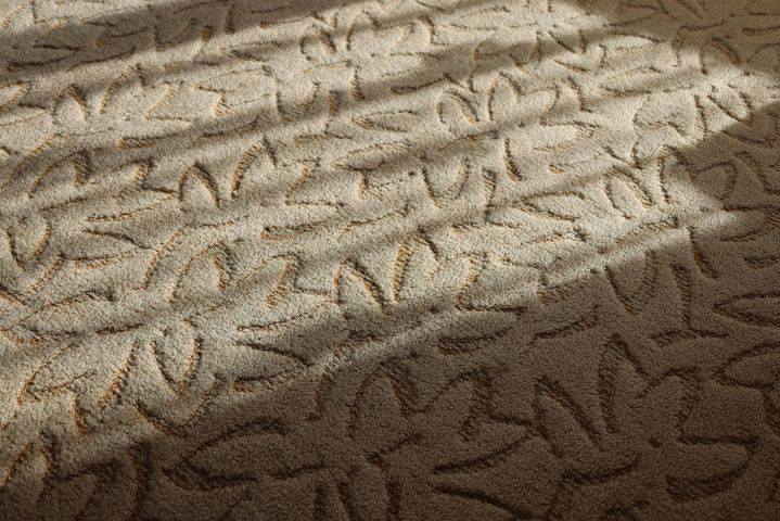 Patterned carpet with sunlight casting diagonal shadows across the surface