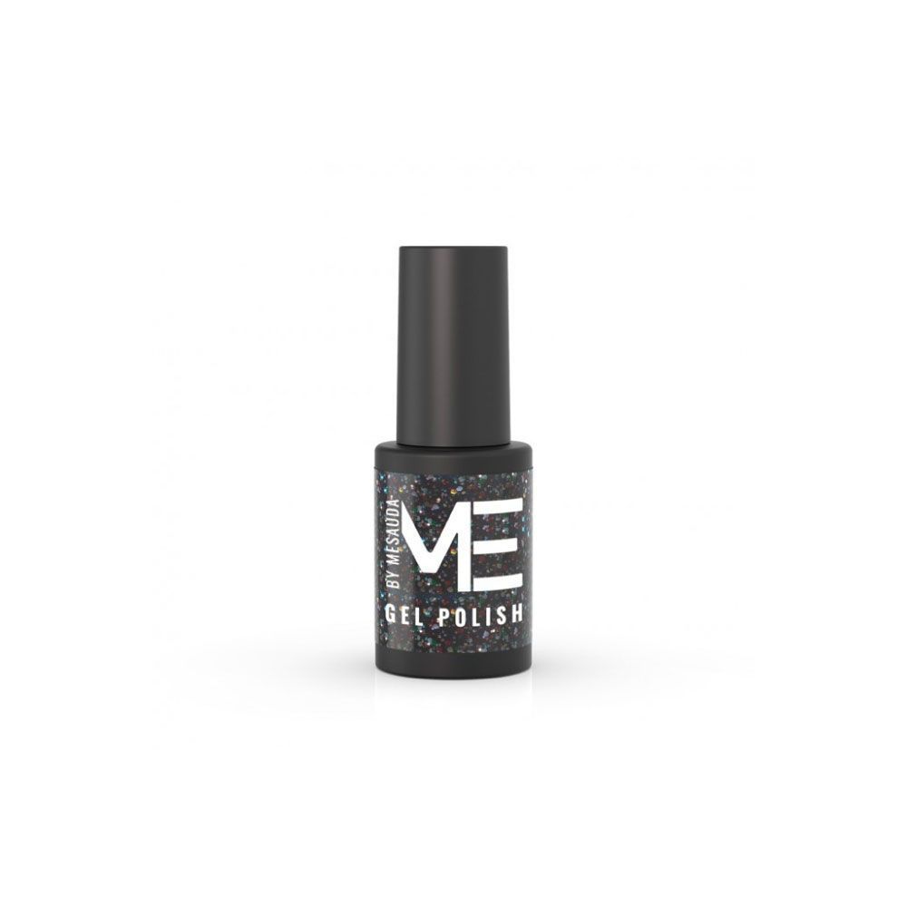 Flacone di smalto gel nero con la scritta bianca 