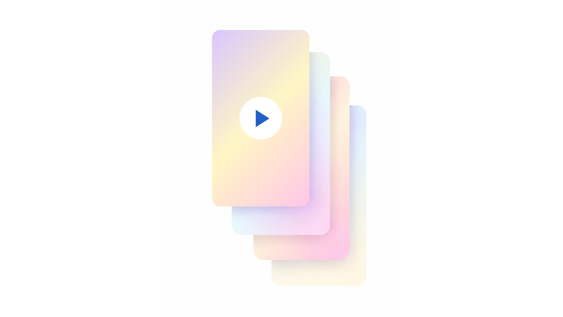 Cards stacked with a play button, featuring pastel gradients.