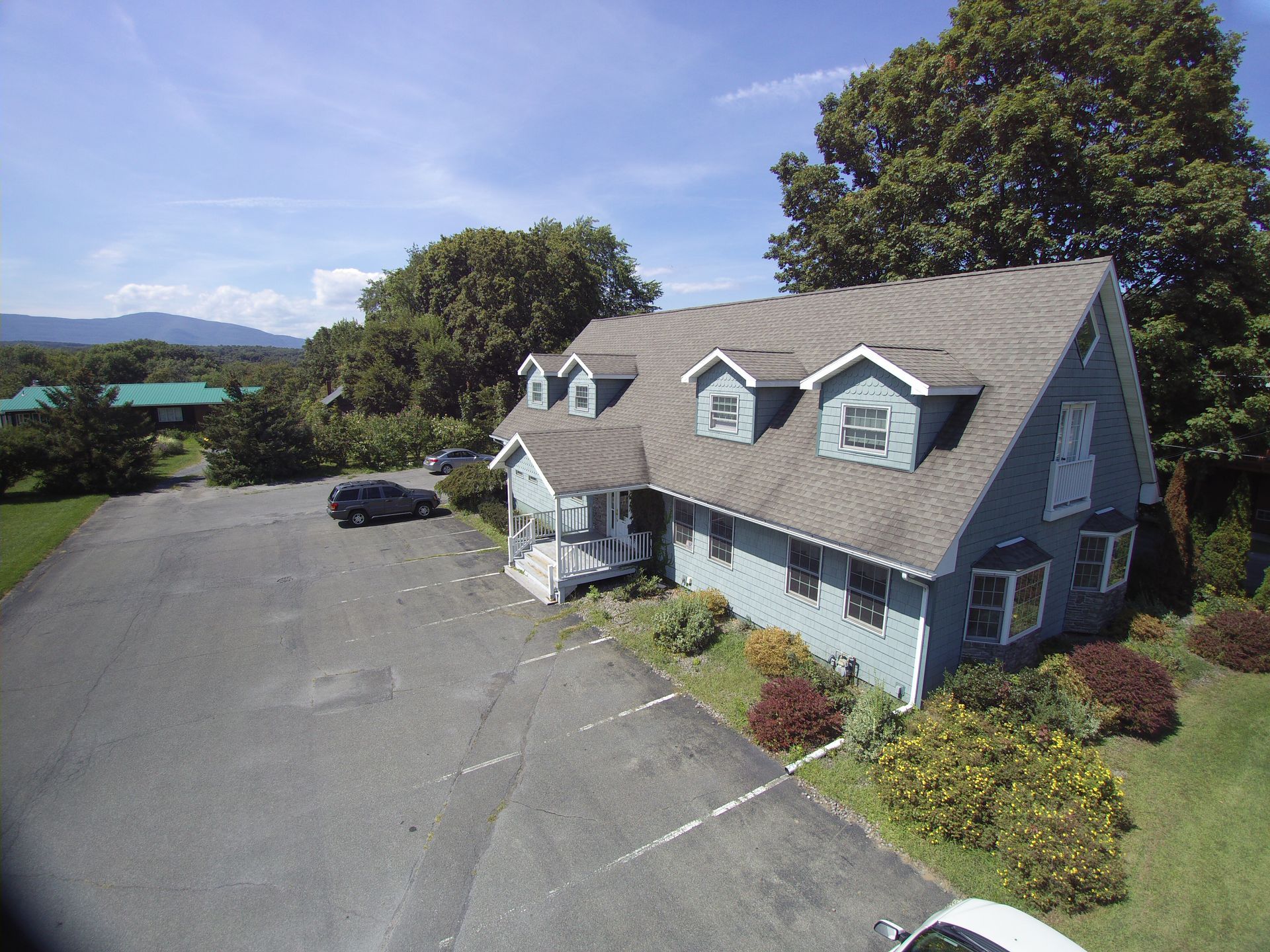 A woman is sitting at a desk with a laptop and a vase of flowers.