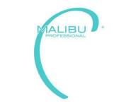 A blue logo for malibu professional on a white background