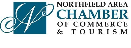 The northfield area chamber of commerce and tourism logo is blue and white.