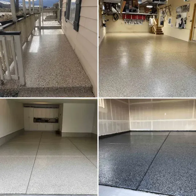 Four panels showing various residential concrete floors and garages finished with speckled, durable epoxy coating.
