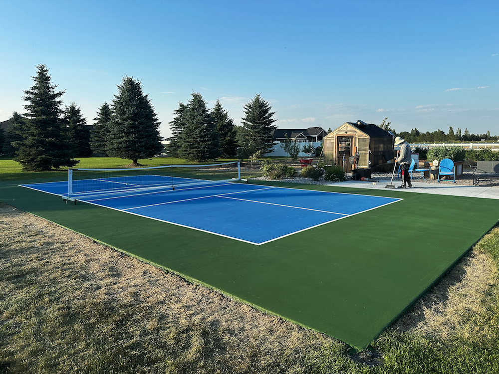 A blue and green pickleball court in a backyard setting with a small shed and trees in the background.