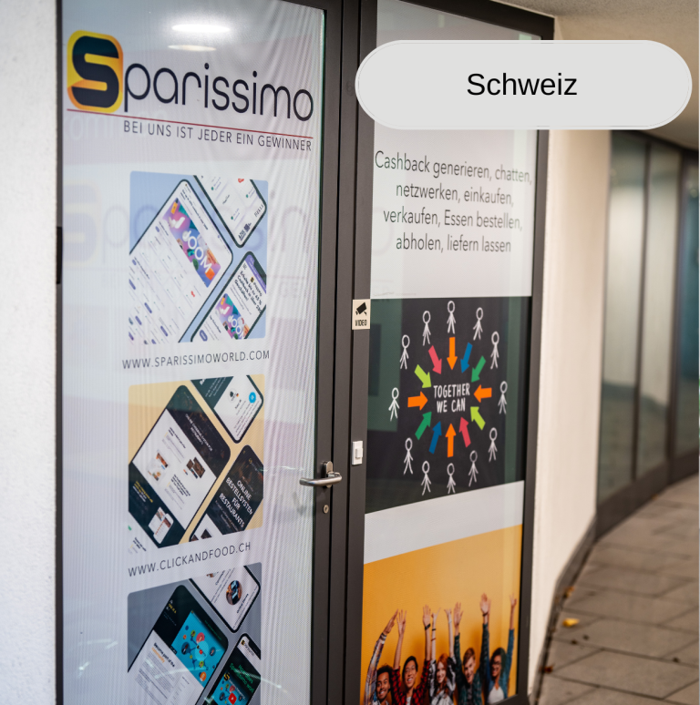 Sparissimo-Shopfront mit App-Screenshots, Text und dem Label „Schweiz“.