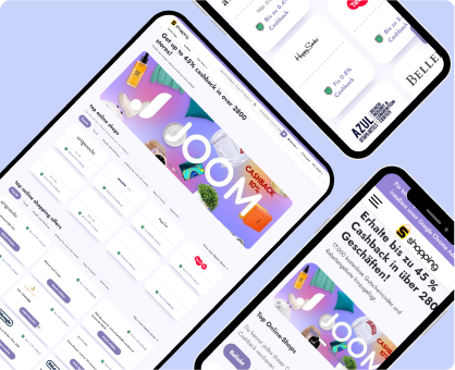 Screenshots einer mobilen App, die Cashback-Angebote verschiedener Online-Shops zeigen.