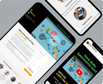 Vier mobile Geräte, auf denen die Website von Sparissimo angezeigt wird, die eine Community und Online-Shops vorstellt.