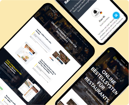 Screenshots von Mobilgeräten, die ein Online-Bestellsystem eines Restaurants anzeigen.