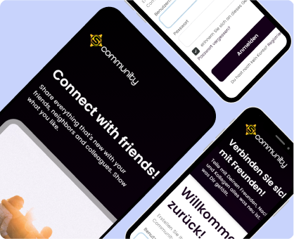 Smartphone-Bildschirme, die die Benutzeroberfläche der „Scommunity“-App mit Anmelde-, Begrüßungs- und Verbindungsoptionen anzeigen.