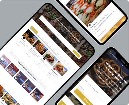 Screenshots einer Essensbestell-App auf verschiedenen Mobilgeräten, mit Bildern von Speisen und Suchoptionen.