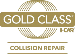 A gold class collision repair logo on a white background.