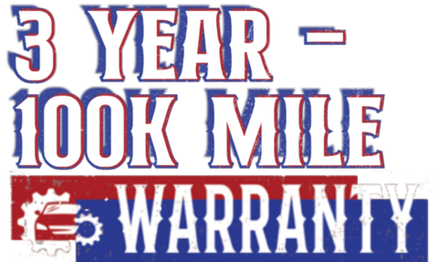 3-year, 100K-mile warranty text in blue and red with gear icon and red truck graphic