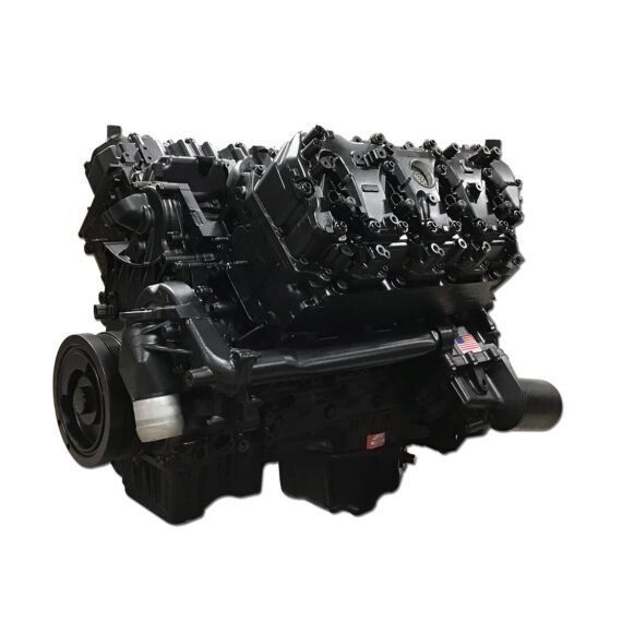 Black automotive engine on a white background, viewed from the front-left side